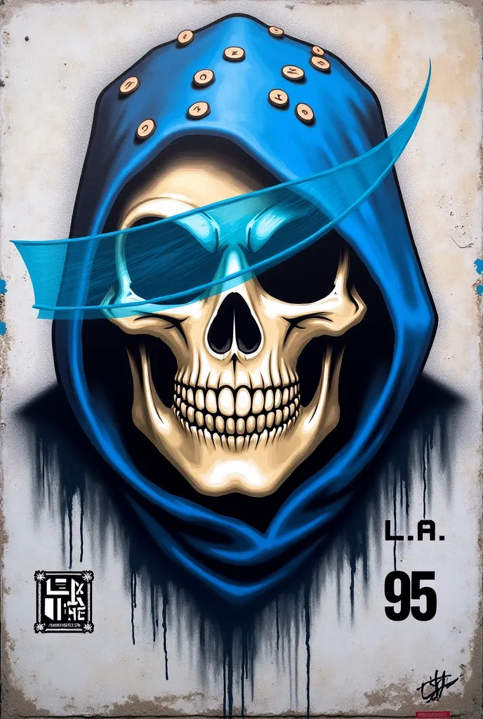 Create a graffiti using the skull with the blue band covering half of the face and that says LA 95