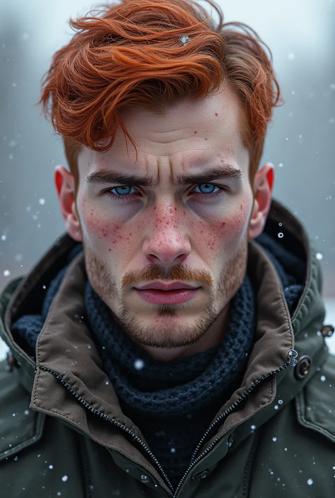 Realistic image; Create a boy in cold clothes, Canadian ethnic,  White , red-haired,  medium hair , mustache style mustache, Violet Eyes, Approximate age 24 years, and powers of water and blood.