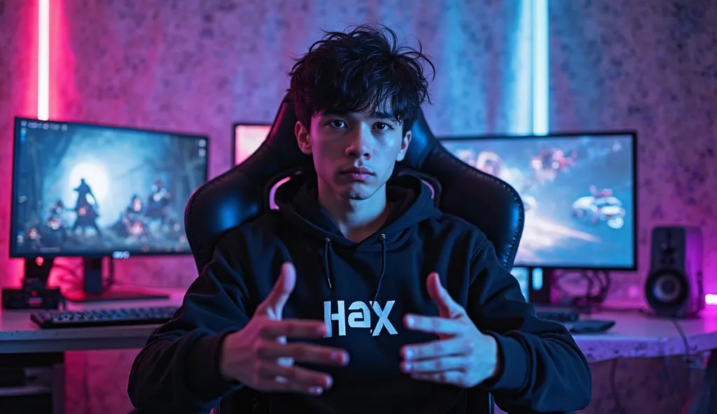 A young man with sharp, well-defined features and jet-black, slightly messy hair sits confidently in a high-tech gaming chair. His piercing dark eyes radiate an intense, almost otherworldly aura, and his expression is calm yet exudes dominance. He is dress...