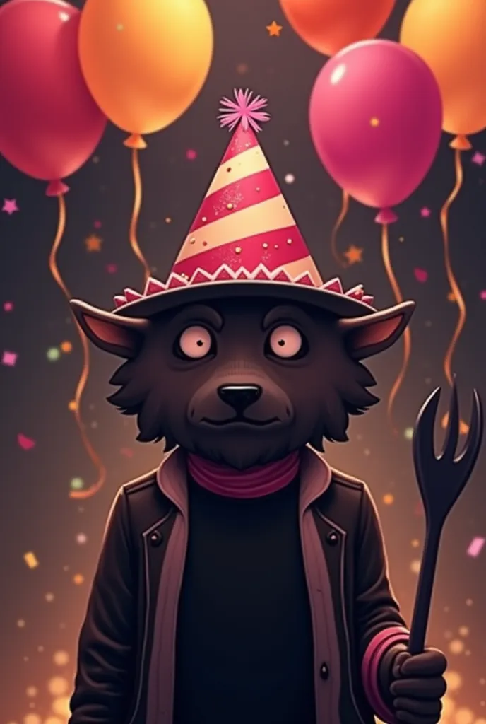 Create an image in the style of the one attached, Celebrating the 7th anniversary of the Wolvesville game and may it be fun,  with balloons , cake and confetti. Also add the wolf symbol that is used in the game Wolvesville.