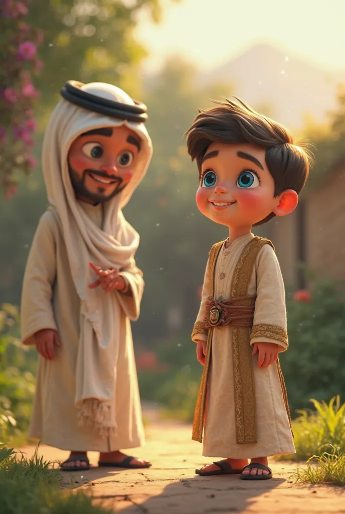 The Pixar-style boy with blue eyes, dressed in Islamic clothing, stands confidently, smiling with a newfound sense of purpose. The wise teacher, also in Islamic attire, looks at him proudly. The sunlight shines on the boy’s face, and the peaceful garden ar...