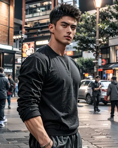 Caucasian male,  nasolabial ,   thin lip  ,   brown eyes, black hair,   athletic body, ( veins visible on the arm ,    wide chest )  ,   tall body    ,  young handsome face, sharp stare  , best quality, masterpiece ,  ultra-high detail  ,A handsome muscula...