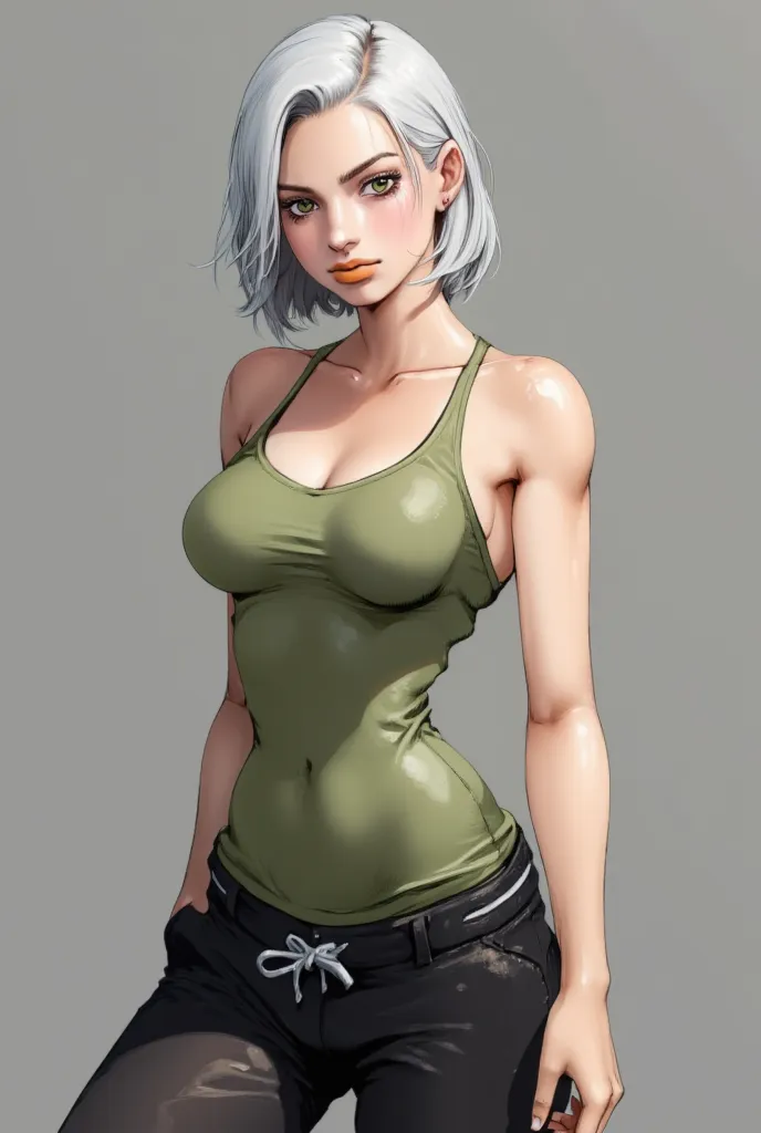 "A girl with short white hair is green eyes. They wear a green tank top, black gym pants. gray background, anime style 