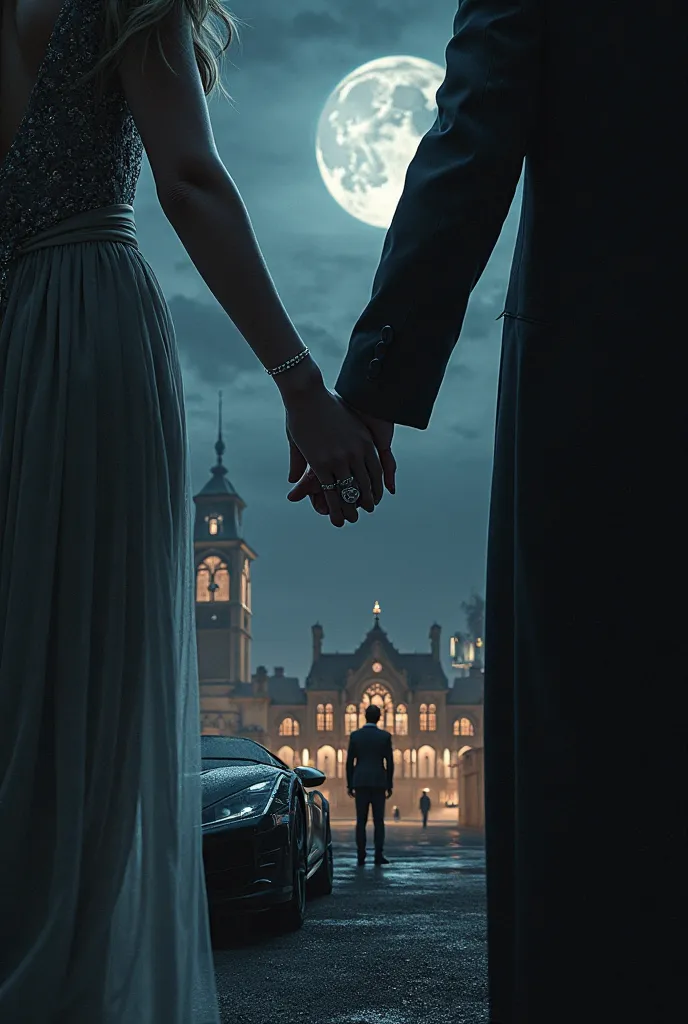 A background with the silhouette of Gotham in the distance and an imposing mansion in the foreground.
A close up of the clasped hands of a couple with rings shining subtly under the light.
A luxurious car parked on a night road, with a male figure leaning ...