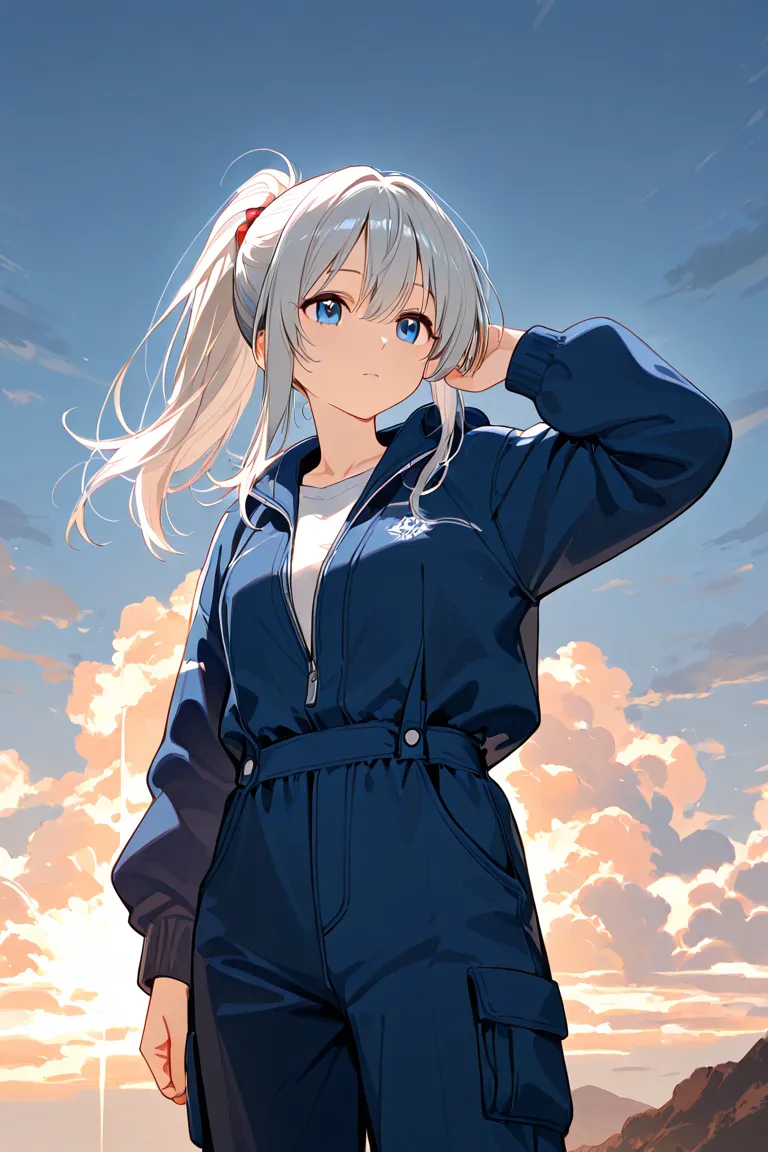 A high school girl with gray hair and a ponytail wearing a windbreaker、Airplane reaches for clouds and falls from the sky。