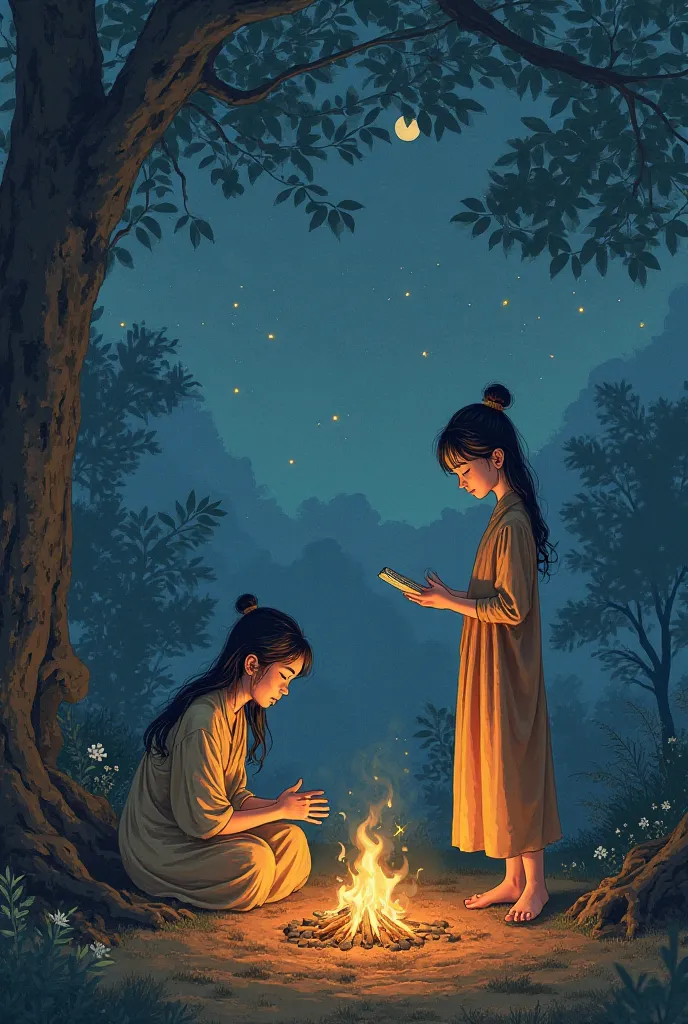 Draw a scene of Thuy Van and Thuy Kieu in the charming scene. On a late evening when the whole family was asleep, only Thuy Kieu remained. sobbing by a small fire. Thuy Van walked quietly by Thuy Kieu. Thuy Kieu's mood was despair, day with complete regret...