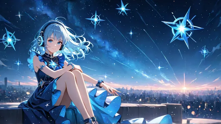 An anime-style girl with long, flowing silver-blue hair sitting under a twilight sky filled with stars and shooting meteors. She wears a deep blue sleeveless dress with delicate ruffles, matching a starry bracelet on her wrist. She has large, dreamy blue e...