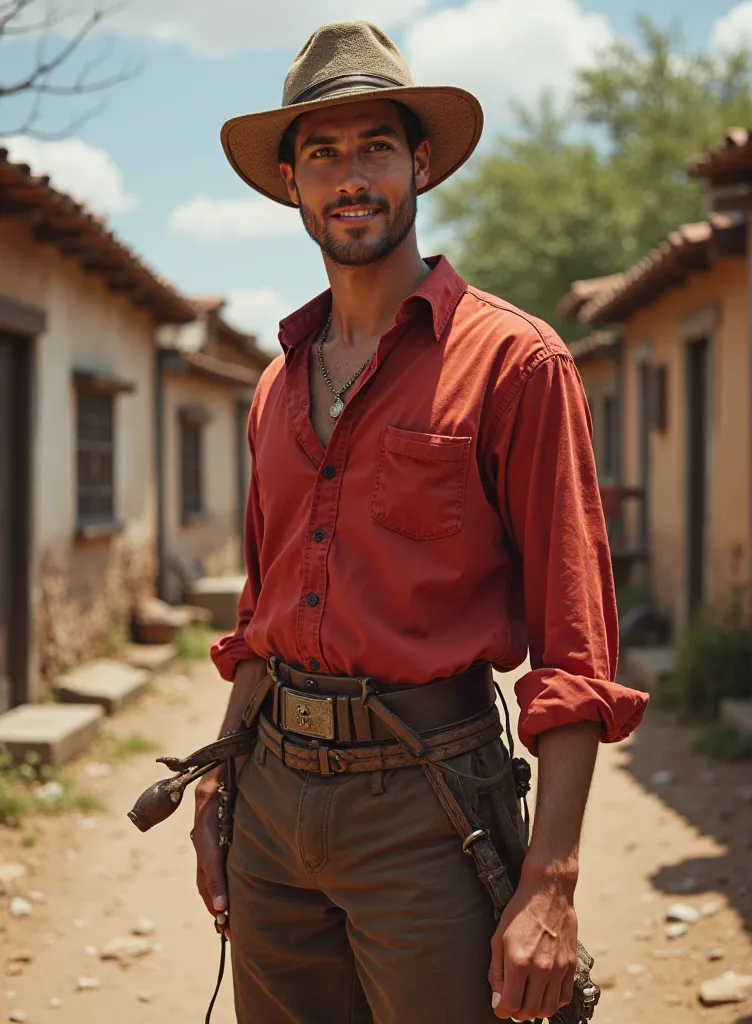 A young man, moreno, red blouse ,brown pants, period clothing, standing, Body half turned to the side, Looking at someone on the left side, man holding a pipe in his hand, wearing a simple hat, Realistic image, image background with simple houses around,sl...