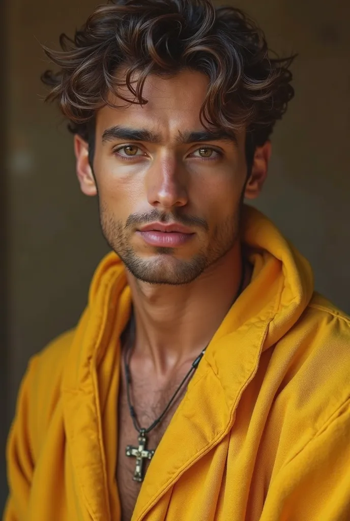 arafed man in a yellow robe with a cross necklace, robe. perfect face, beautiful male face, handsome detailed face, perfect face and boy, male model, perfect handsome face, beautiful young man, by derek zabrocki, anato finnstark. perfect faces, good lookin...