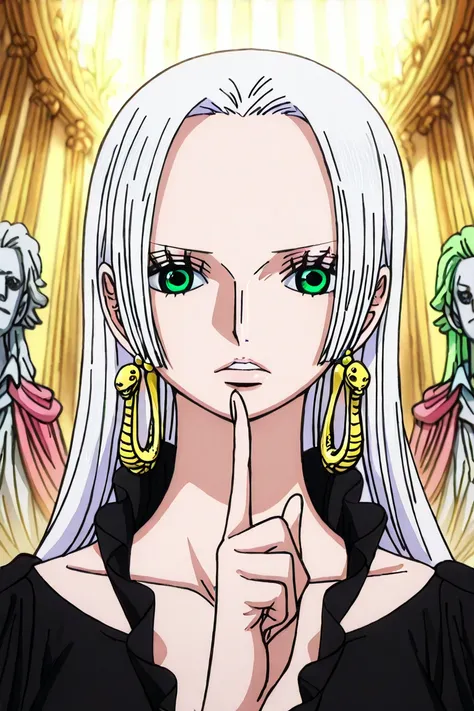 boa hancock,1girl,solo,mature,earrings, jewelry, long_hair,white hair,green eyes,dress,black dress,very_long_hair,face focus,put index finger on mouth