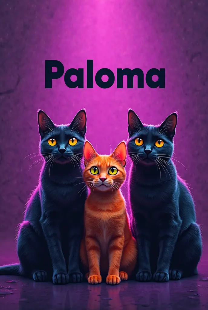 A Twitch banner with a purple background with "paloma" in the middle and with three black cats and one orange in front of it