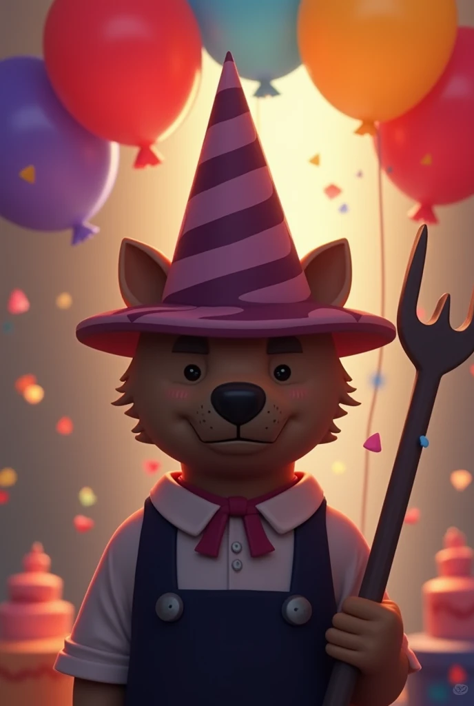 Create an image in the style of the one attached, Celebrating the 7th anniversary of the Wolvesville game and may it be fun,  with balloons , cake and confetti. Also add the wolf symbol that is used in the game Wolvesville alongside the character. The char...