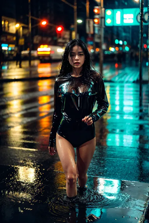 Realistically, A sultry woman with wet hair, her face sensually blended with rain-soaked city streets, water droplets glistening on her skin, neon reflections bouncing off the pavement, her lips full and inviting, high contrast double exposure, intimate an...