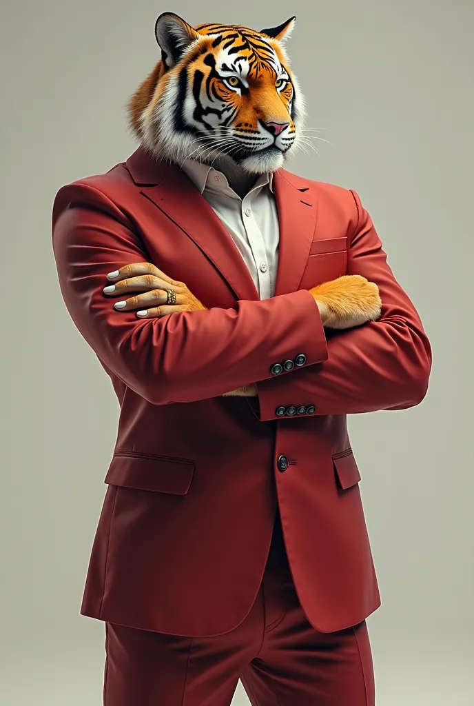 
Make a strong tiger with a human body, this tiger wears a red suit and the inside blouse is white, He has his arm crossed and is facing his left side looking forward 