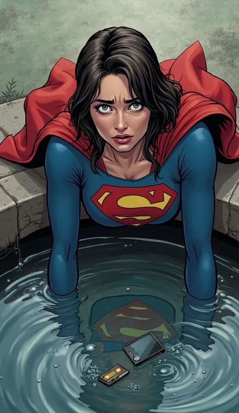 "Supergirl leans over the well, looking down with wide eyes. Her expression is a mix of shock and frustration as she realizes her phone is lost in the water. The background remains calm, contrasting with her tense moment."

Agar aapko kisi specific scene k...