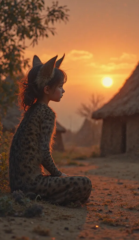 A young  sits alone in the village, gazing at the spot where the beautiful large cat once sat. The  looks thoughtful, as if wondering whether the cat will ever return. The background includes small mud houses, a sunset sky, and a faint magical glow, adding...