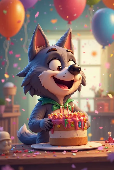 Create an image in the style of the one attached, Celebrating the 7th anniversary of the Wolvesville game and may it be fun,  with balloons , cake and confetti. The character has to be the villager that is used in the game Wolvesville.