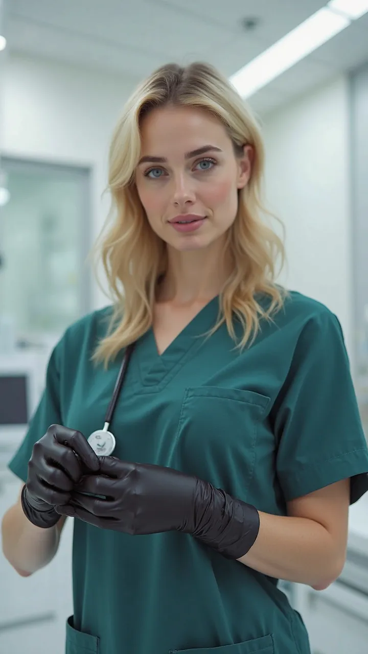 A very young blonde woman with a nice figure in medical scrubs putting on a pair of very very tight skin tight black latex medical gloves while standing in a hospital examination room.