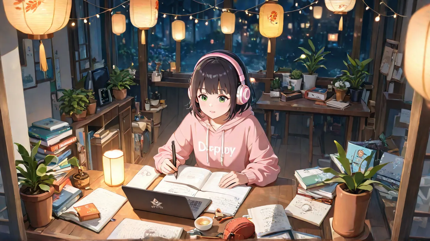 An anime-style girl with short black hair and green eyes, wearing large pink and white headphones. She is deeply focused on studying at her wooden desk, surrounded by open books, a notebook, and a laptop. The warm glow of the setting sun streams through th...