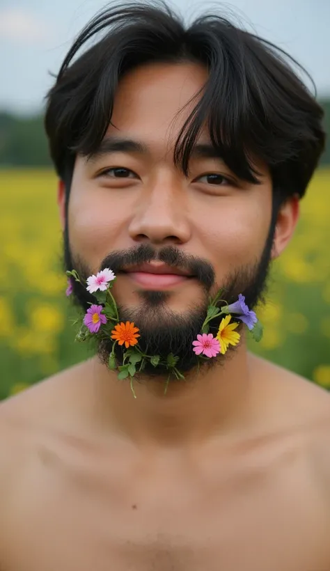 Prompt text to image: a portrait of a Korean Man , beard, short messy hair,inviting smile adorns his beard with lots of colorful, shirtless flowers and small leaves.,Busy short hair background is evening meadow
Look at the audience, one of the most handsom...