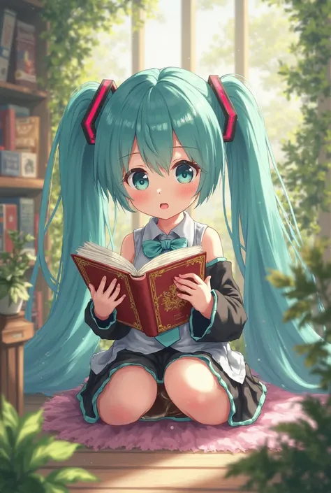 Hatsune miku reading a book in anime art style