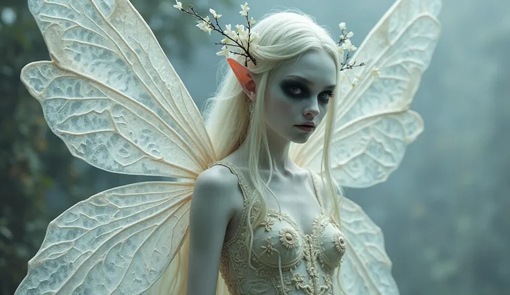 An ethereal and surreal fairy with an eerie yet mesmerizing presence. Her entire body is visible, standing gracefully in a dreamlike pose. Her skin is extremely pale, almost translucent, with faint, visible veins adding a hauntingly beautiful detail. Her e...