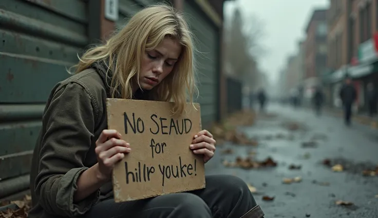 Realistic image of a  blonde homeless girl wearing old clothes with a sad face. She is sitting on the ground holding a sign saying "homeless and hungry please help"