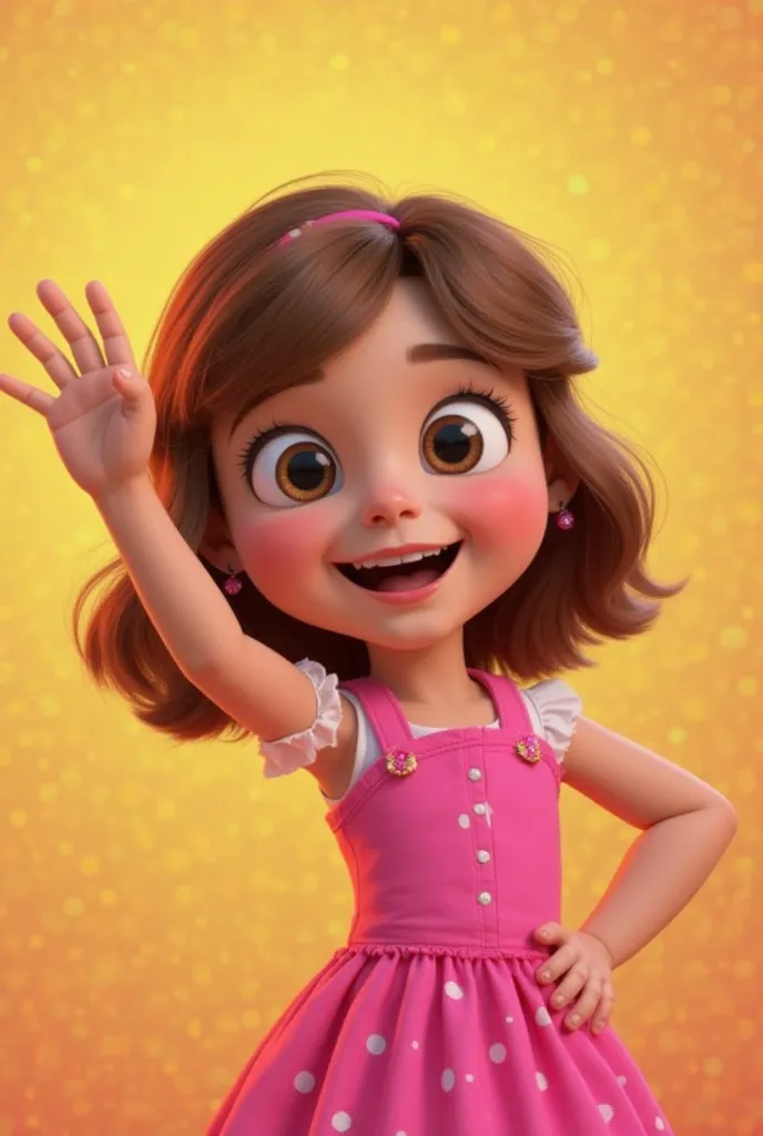 Mariana, a beloved character from the Brazilian ren's channel 'Galinha Pintadinha,' is standing happily against a bright and colorful background. She has brown hair, wears a pink dress, and is joyfully raising her left hand, forming the number two with her...