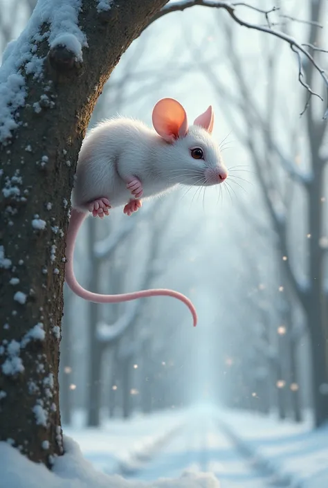 A beautiful mouse trying come down from a tall tree on a snow streets 