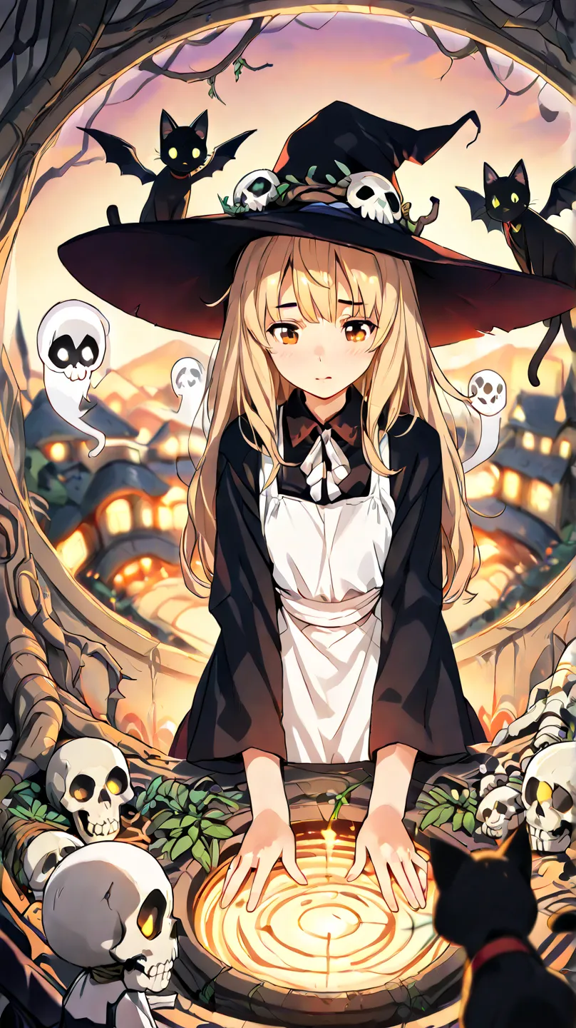 (top quality,  masterpiece, absurdity) innocent witch, magic , goddess, wings,  gentle expression , Soft atmosphere,  Warm colors ,black dress with white apron,Dawn,black cat , Ghost ,Skull decoration,roots, herb ,The witch's kitchen,Cartoon Details, Depth...