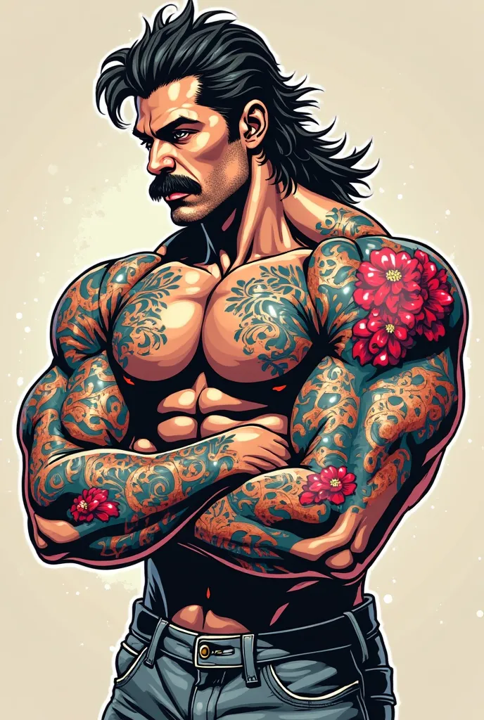 Create a logo for my YouTube channel called Otaku Maromba I'm a bodybuilding athlete I have one arm tattooed with anime and the other with colorful old-school drawings I don't have any tattoos on the rest of my body I have a very discreet mustache and mull...