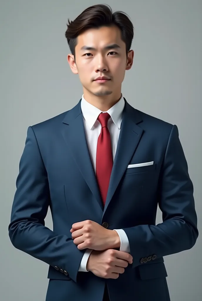 2D image of a young man with formal hairstyle, brown hair, white shirt, red tie, blue suit,  with folded hands