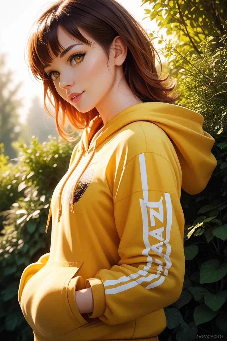 girl wearing a yellow hoodie、shortcut from elbow to hand、 standing picture、 plain background、