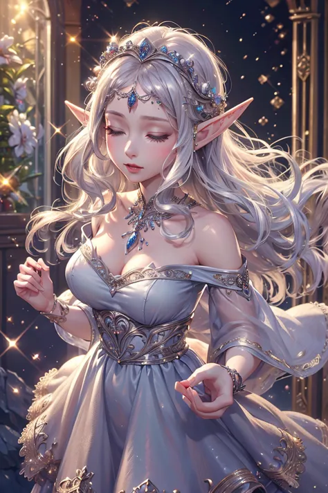 ((masterpiece)),((top quality)),((high detail)), photorealistic, Adult elf woman, long wave silver hair, closed eyes, dancing, Upper body close-up, Forehead, Medium Breast, Delicate decoration, Off-shoulder dress, warm color, Beautiful hair ornaments, Gent...