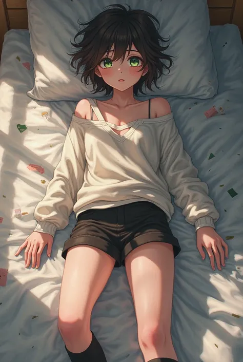 An effeminate boy with dark brown hair and green eyes, wearing only a v neck sweater, black shorts and knee socks. Lying in a messy bed. Anime style.