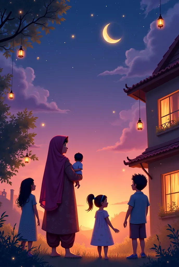 -	A warm, colorful title page with Ayesha, a  girl wearing a head scarf and shalwar qameez and Minal, the newborn, in a cozy family home. -	The whole family—grandparents, uncle, aunt, Mama, Papa, Ayesha, and little Minal—are standing outside the house, loo...