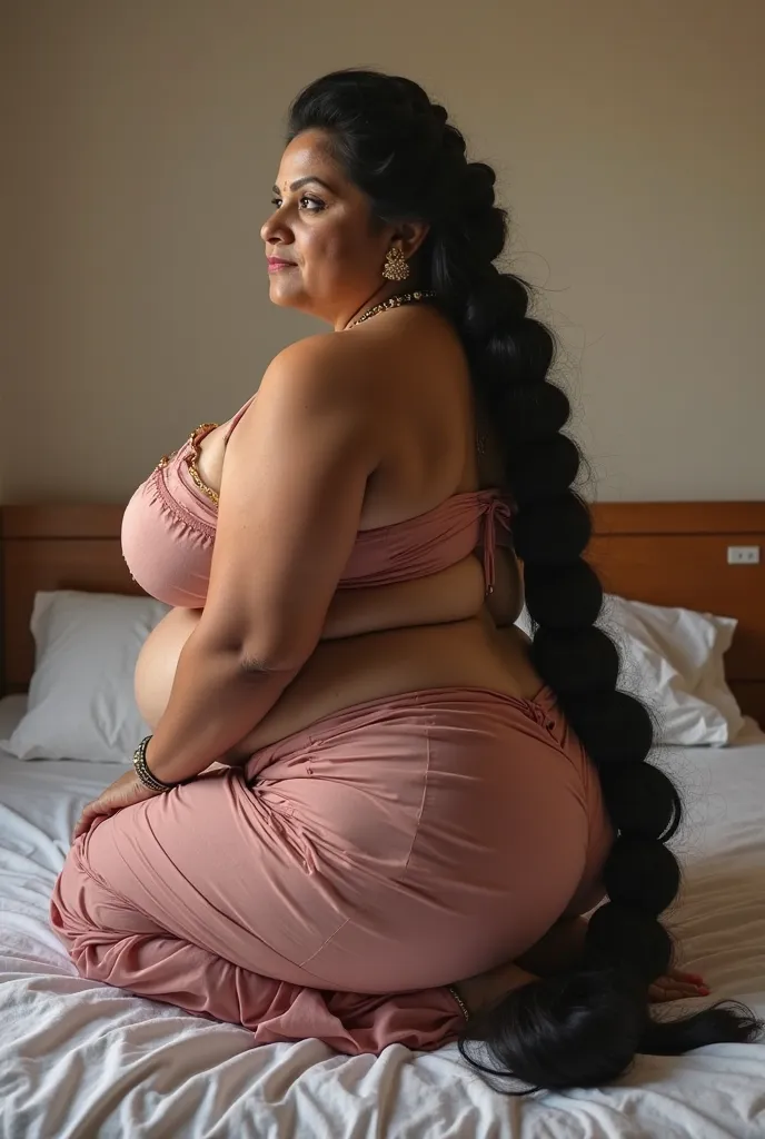 Side view, a tall 50 year old plus size chubby extremely hourglass figured giantess indian Telugu woman, doing squats excercise for Big buttocks, on bed, Big ass visible through saree, she is wearing body tight transparent saree, big ass visible in skin ti...