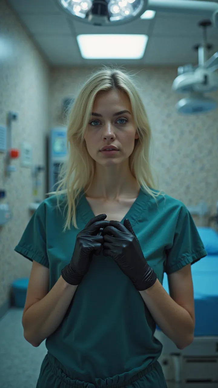 A very young blonde woman with a nice figure in medical scrubs putting on a pair of very very tight skin tight black latex medical gloves while standing in a hospital examination room. The lighting in the room is very dim besides one very very bright opera...