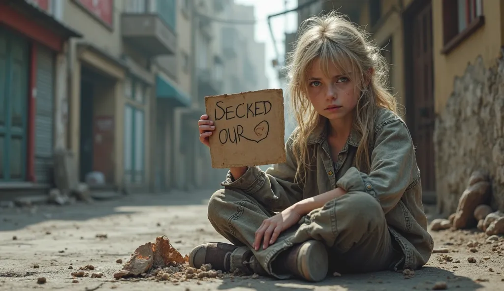 Realistic image of a  homeless blonde girl wearing old clothes with a sad face. She is sitting on the ground holding a sign that says "HOMELESS AND HUNGRY PLEASE HELP". Realistic image, 4k