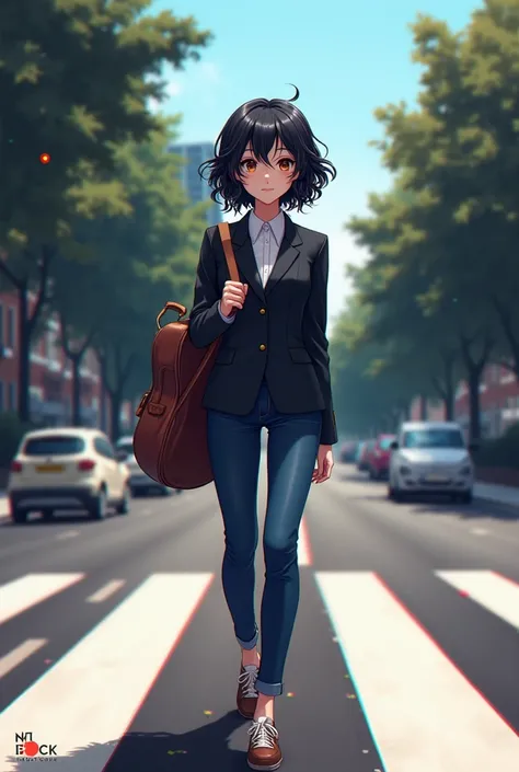 Beautiful woman with wavy black hair and short hair,anime style、I'm walking with a guitar bag on my back,Abbey Road,Glitch,anime style