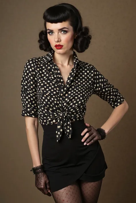 Rockabilly Retro Style with Dark Touch

Upper part: Slim fit blouse with polka dot or square print, knotted at the waist .

 bottom: Pencil skirt or high-waisted shorts with mesh tights.

footwear: Vintage round toe heels or platform boots.

accessories: P...