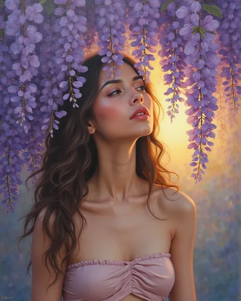 A fine art oil painting of a confident woman with radiant skin, HER BARE BODY resting beneath a canopy of wisteria flowers, the soft purples and blues blending with the golden sunset in a fairytale-like scene.