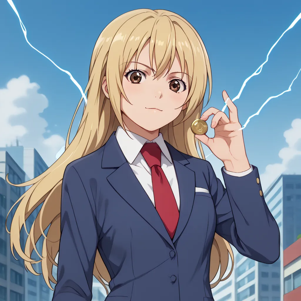 トップクオリティ, 1人の女の子, solo,haruka, blonde hair, brown eyes, long hair,collared shirt, red necktie, blue blazer, school uniform, pleated skirt, dark skirt,coin, holding coin, facing viewer, looking at the viewer, electricity, electrokinesis