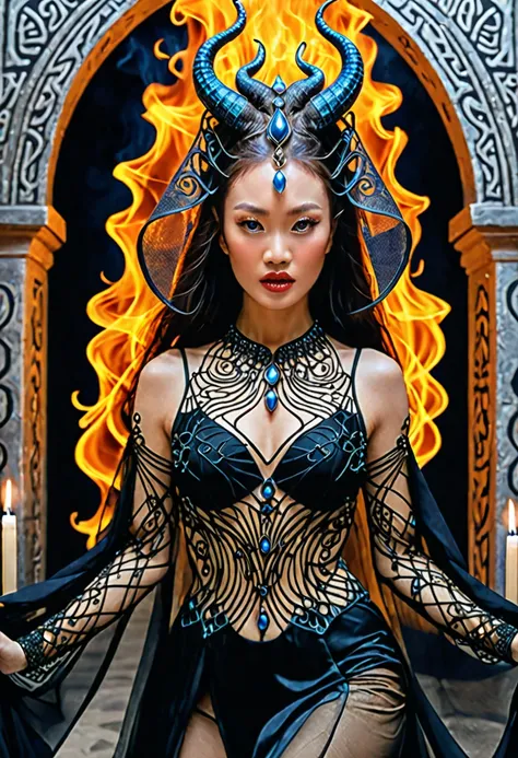 Two Chinese women, beautiful Russian and Asian, brown in the color of sin,  Ultra-realistic image , porn actress,  35 years old, long curly hair, trançado on fire, on fire, masterpiece, big boobs, perfect and modeled, Duro, pointy and wet nipples,   perfec...