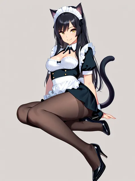 8k,masterpiece, best quality, ultra detailed, high resolution, super fine illustration, 1girl, solo, smile,yellow eyes, black hair, long hair,cat ears, cat tail, medium breasts, maid headdress, maid uniform,waist apron, frilled apron, miniskirt, pantyhose,...