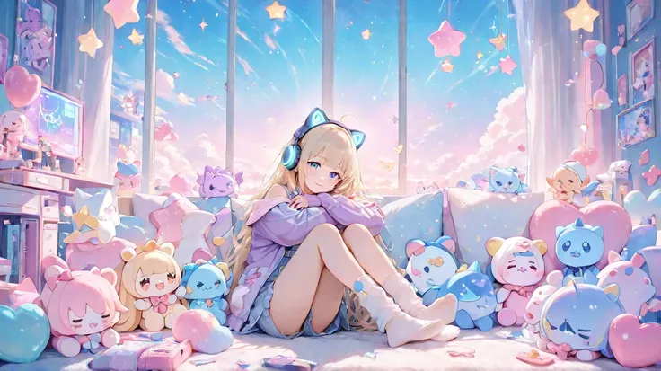 Adorable anime girl with long blonde platinum blonde hair, wearing oversized cat-ear headphones and a pastel purple jacket, hugging a soft doll with a gentle smile, bright blue eyes sparkling, a modern yet cozy bedroom full of dolls. Glow and cute creature...