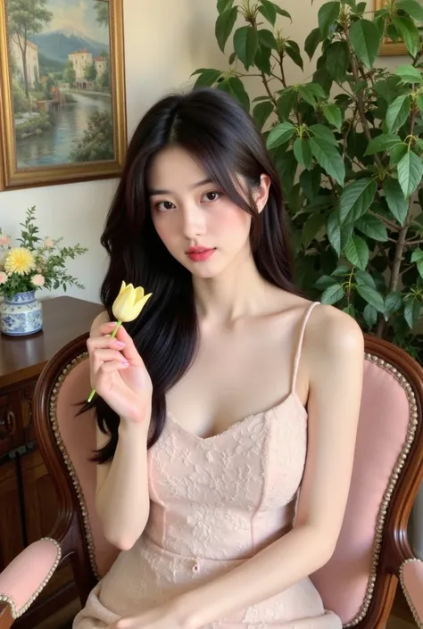 a woman sitting on a chair with elegant style. She wore a light pink lace dress and held a light yellow tulip in her hand. The background has many green trees and wall paintings, creating a gentle, sophisticated space. The exterior and interior have a clas...