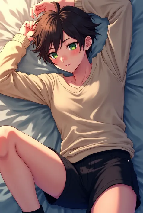 An effeminate boy with dark brown hair and green eyes, wearing only a v neck sweater, black shorts and knee socks. Lying in a messy bed. Anime style. Looking seductively at you.