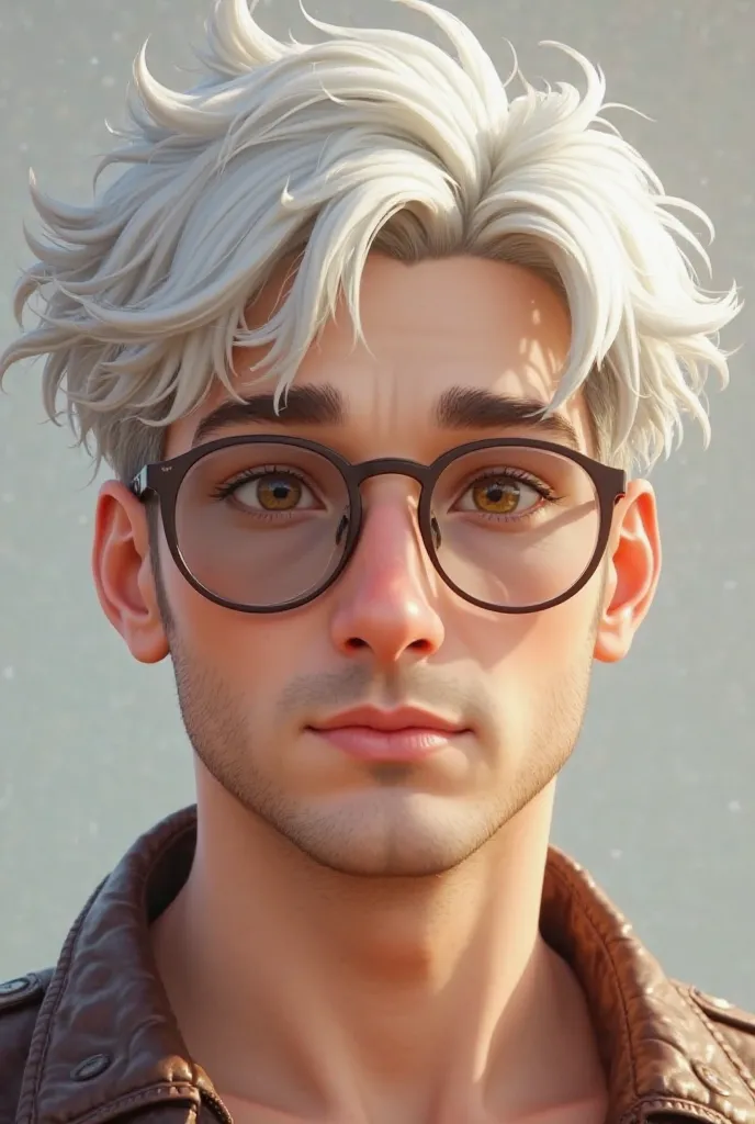 man.  almond eyes. Short and messy hair. White hair. bangs that fall on the forehead. perfectly profiled eyebrows. thin eyebrows. soft leather. Honey-colored eyes fair skin.  Beautiful facial features. detailed face. detailed eyes. general plane. realistic...