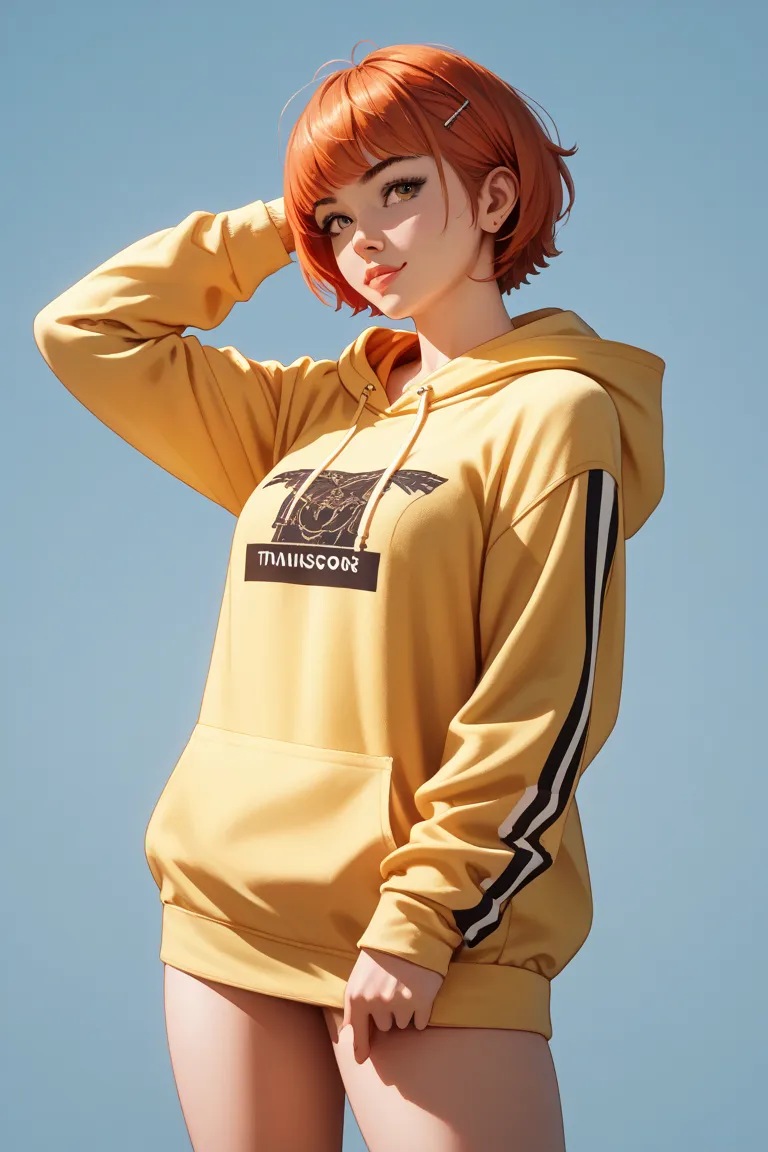 short cut girl wearing a yellow hoodie、 standing picture、 plain background、front